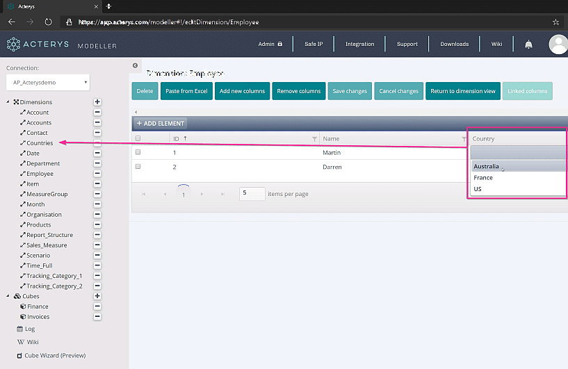 Acterys Linked Columns