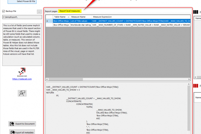 Bildschirmfoto Power BI Helper Radacad