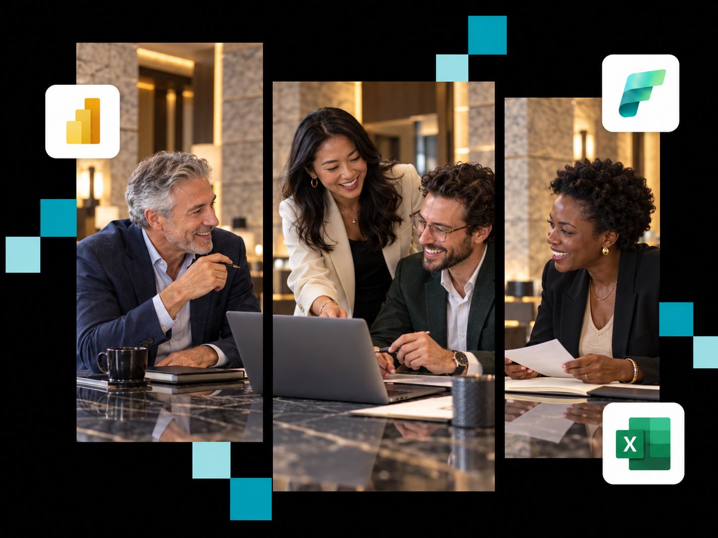 Diverse business professionals collaborating on a laptop near Power BI and Excel software logos.